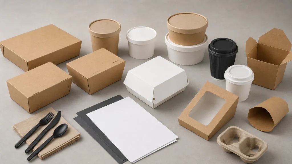 Empty unbranded food packaging components arranged for an export-readiness project brief