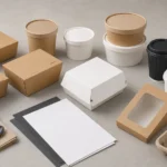 Empty unbranded food packaging components arranged for an export-readiness project brief