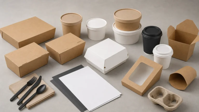 Empty unbranded food packaging components arranged for an export-readiness project brief