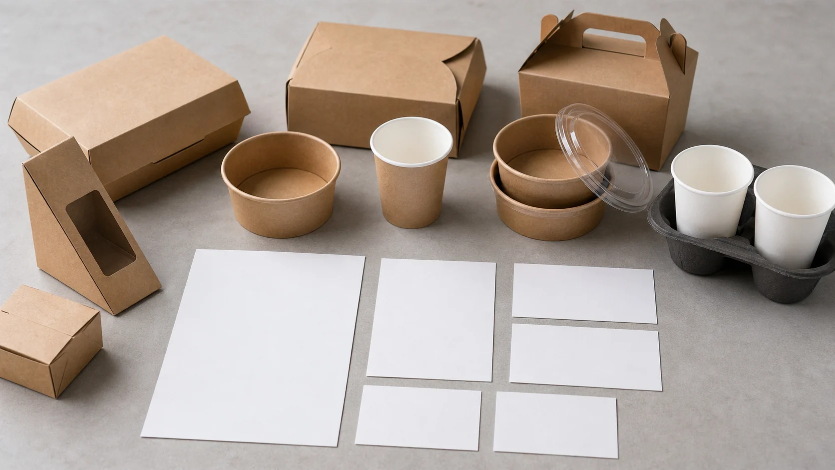 Empty unbranded food packaging with blank cards for exact SKU document review