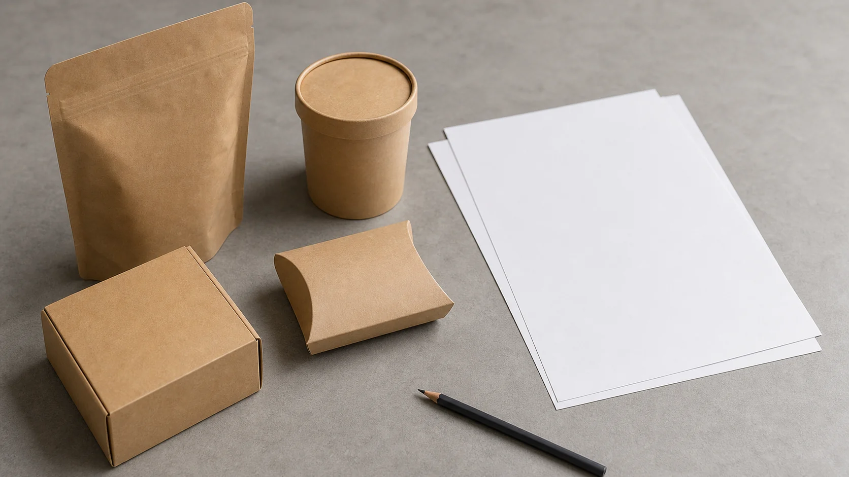 Empty unbranded food packaging with blank proof sheets for artwork version control