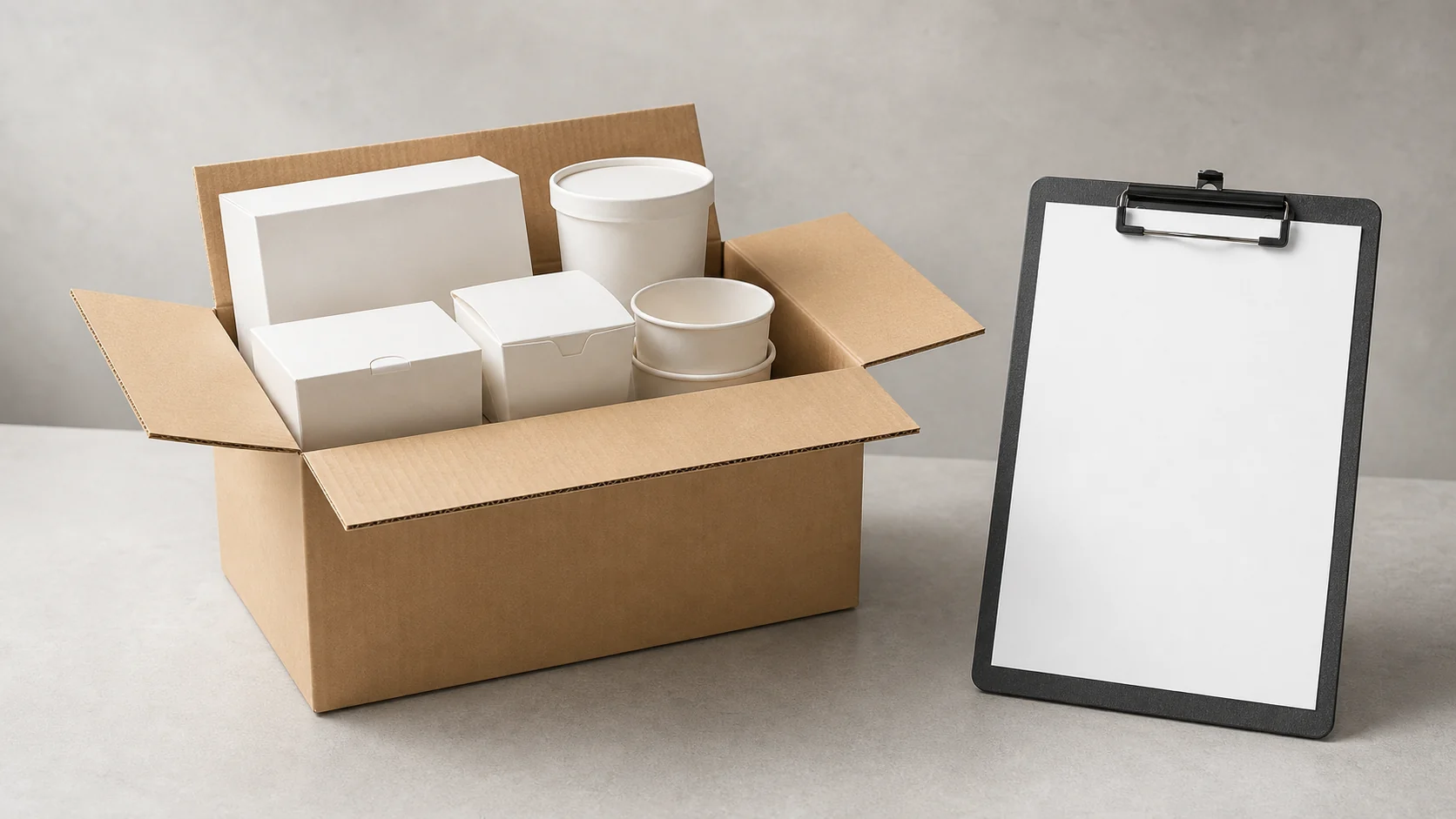 Open plain carton containing empty unbranded food packaging beside a blank shipment clipboard