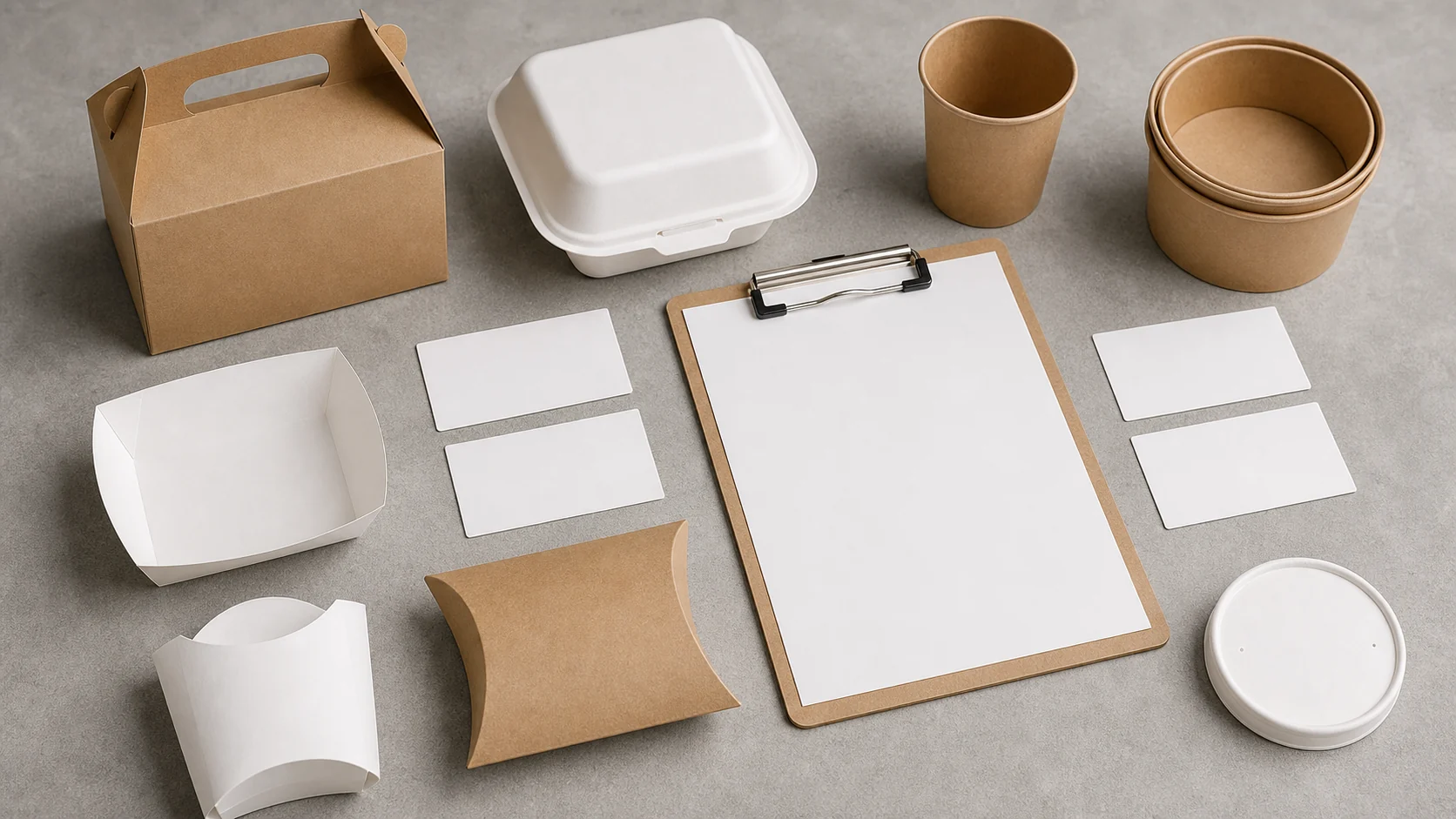 Empty unbranded food packaging components with blank change-control cards for buyer review