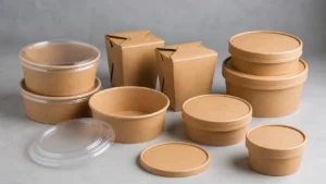 Empty unbranded paper food containers and plain lids on a studio surface