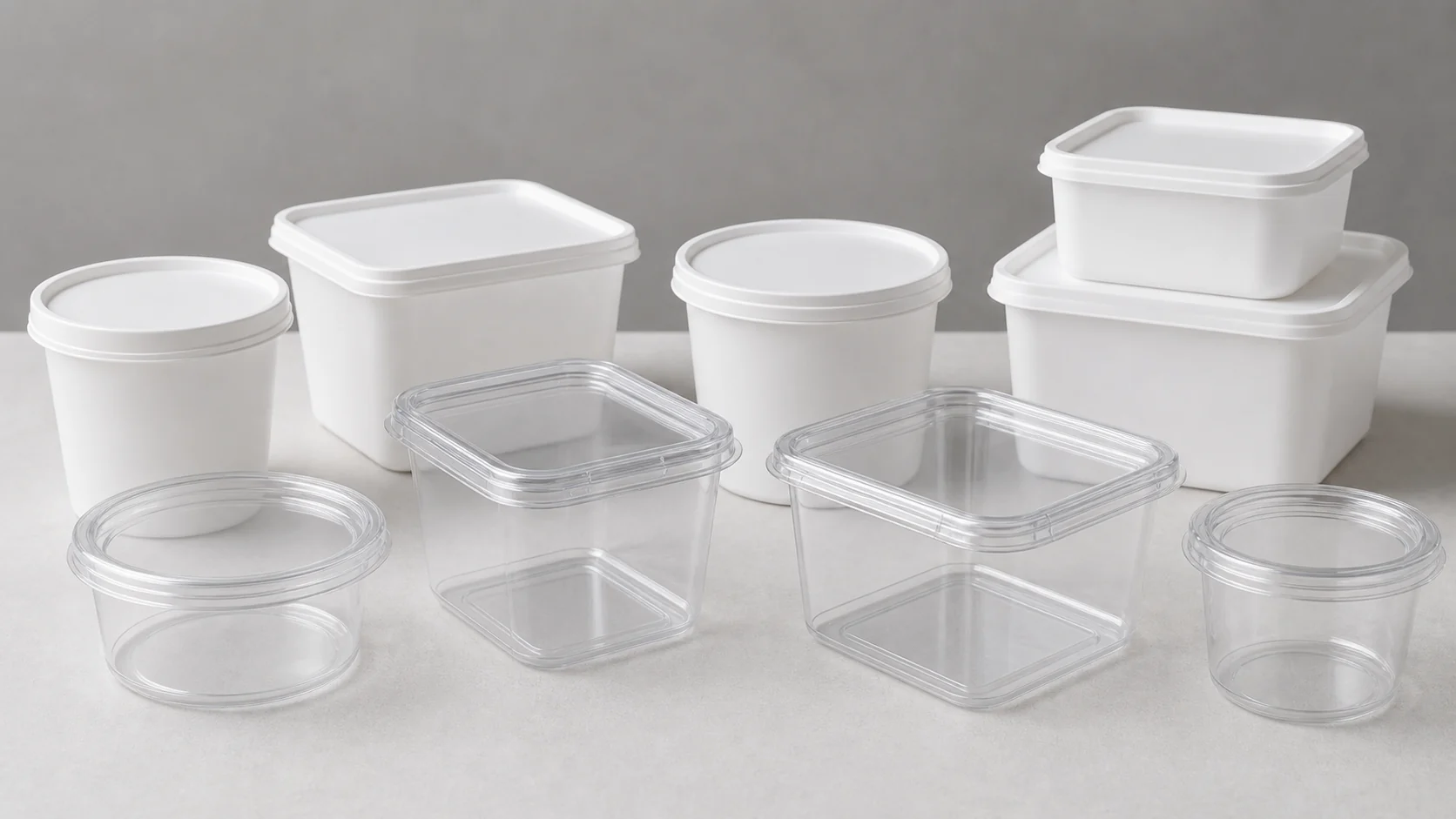 Empty unbranded clear and matte food containers with plain lids