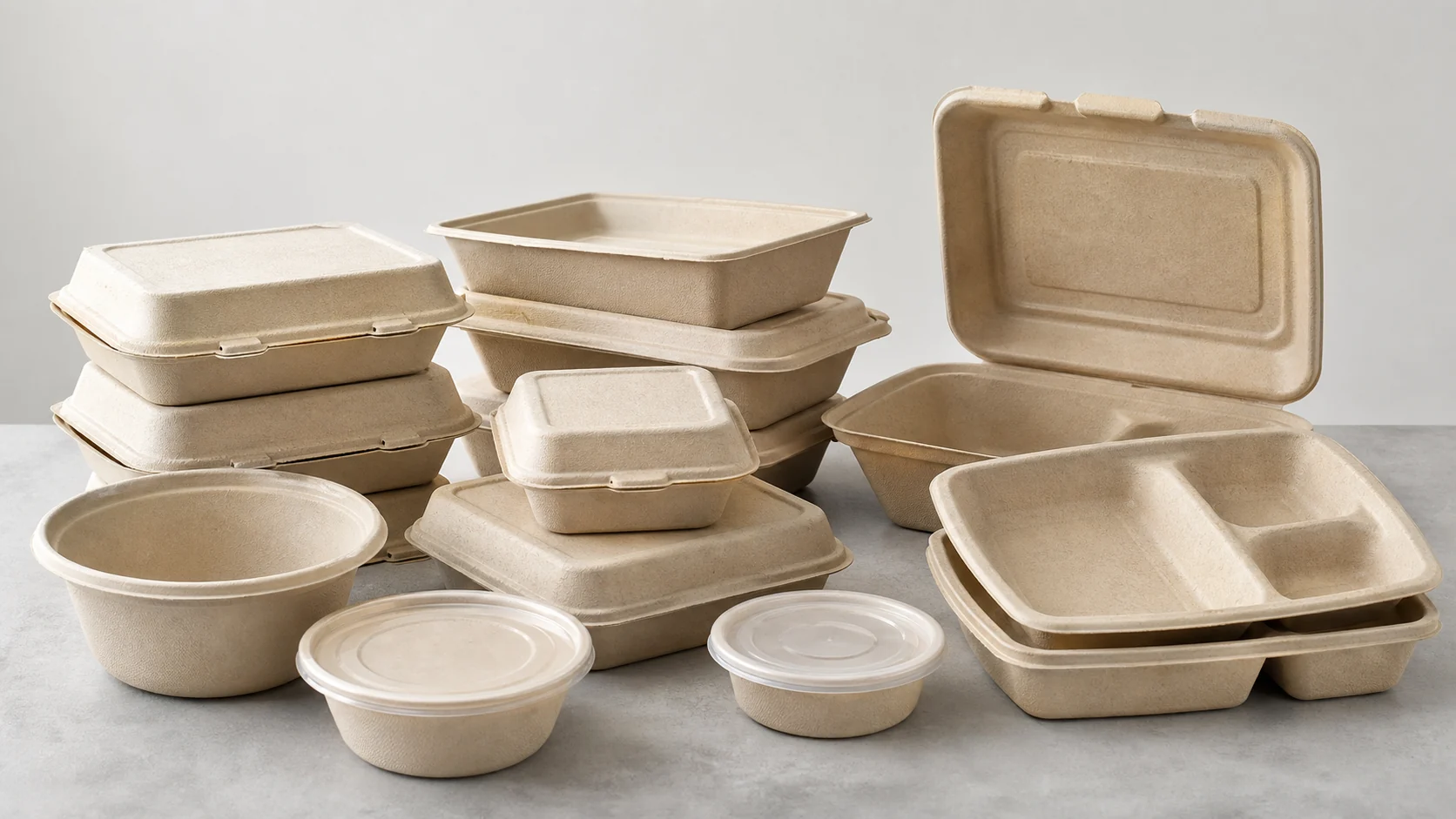 Empty unbranded molded fiber food containers and plain lids