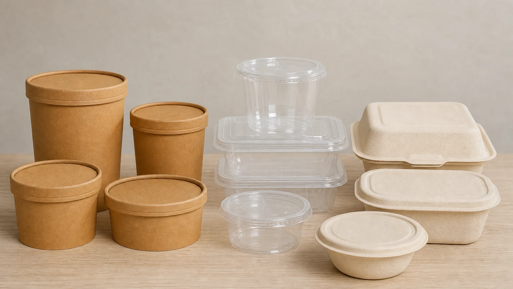 Empty unbranded food containers in varied generic materials