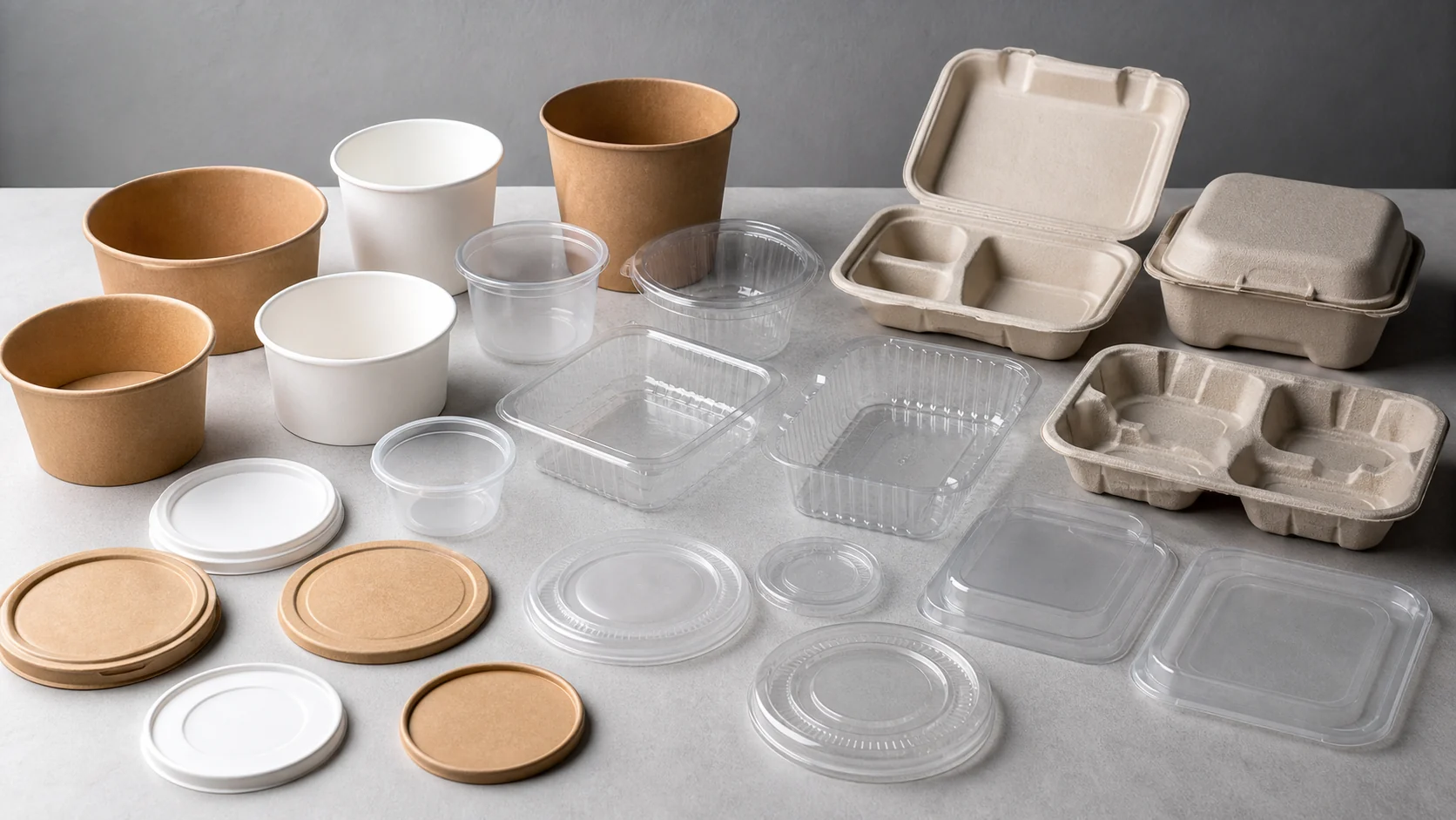 Empty unbranded food container samples and matching lids for buyer review