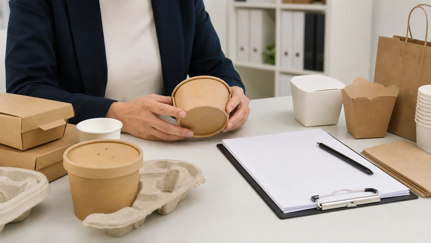 Buyer reviewing paper packaging samples and supplier compliance documents