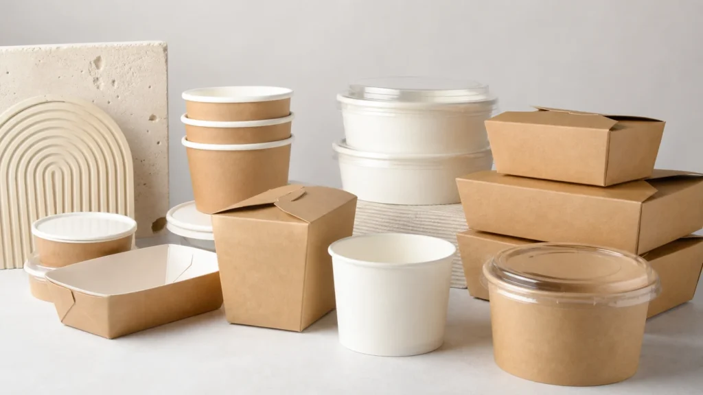 Food-grade paper packaging components arranged for foodservice compliance review