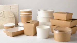 Food-grade paper packaging components arranged for foodservice compliance review