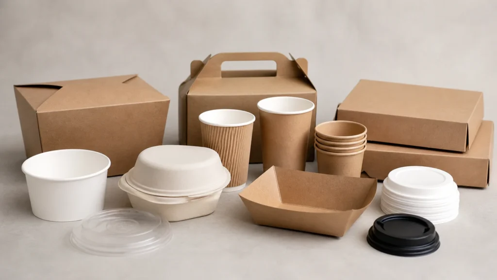 Empty unbranded food truck packaging components arranged for a controlled mobile-service review