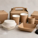 Empty unbranded food truck packaging components arranged for a controlled mobile-service review