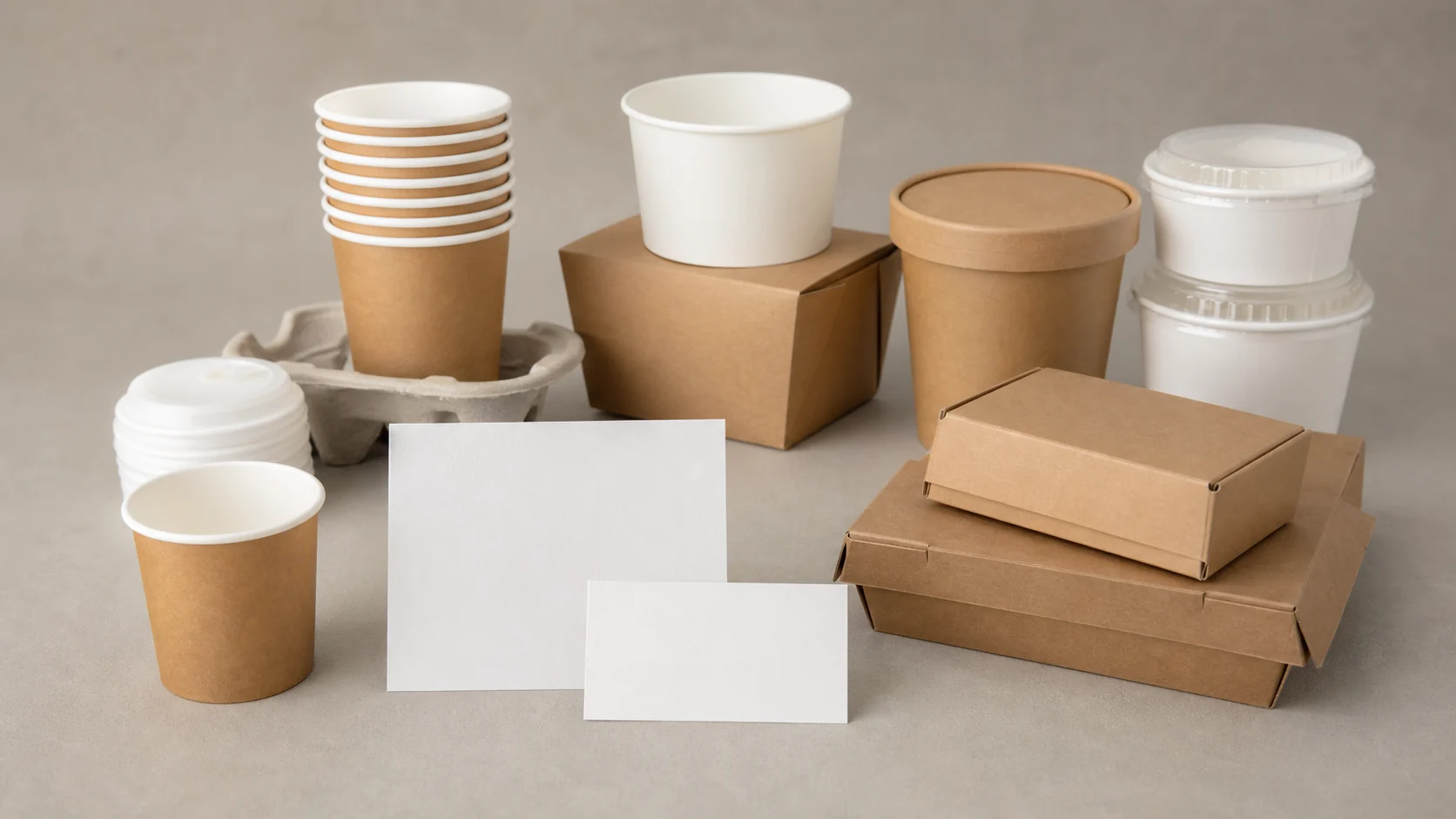 Empty unbranded cups, containers and lids arranged in compact component groups