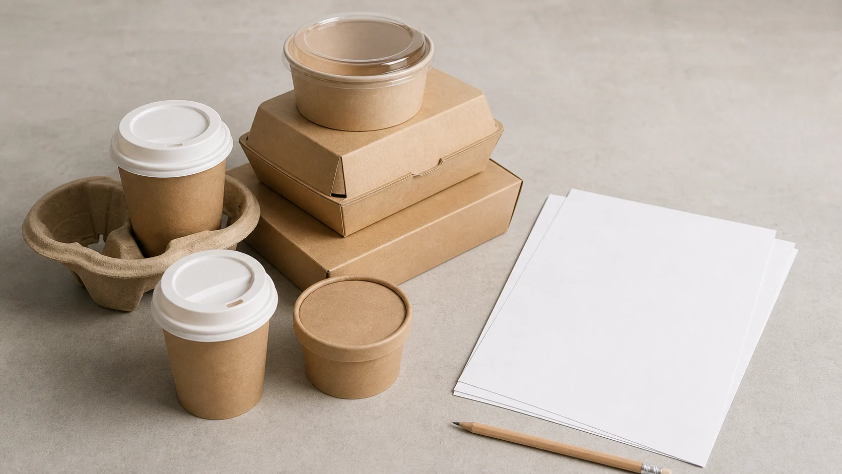 Empty unbranded takeaway components with blank handoff-review sheets