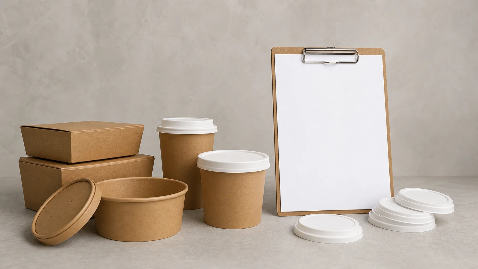 Empty unbranded packaging components beside a blank storage-control clipboard