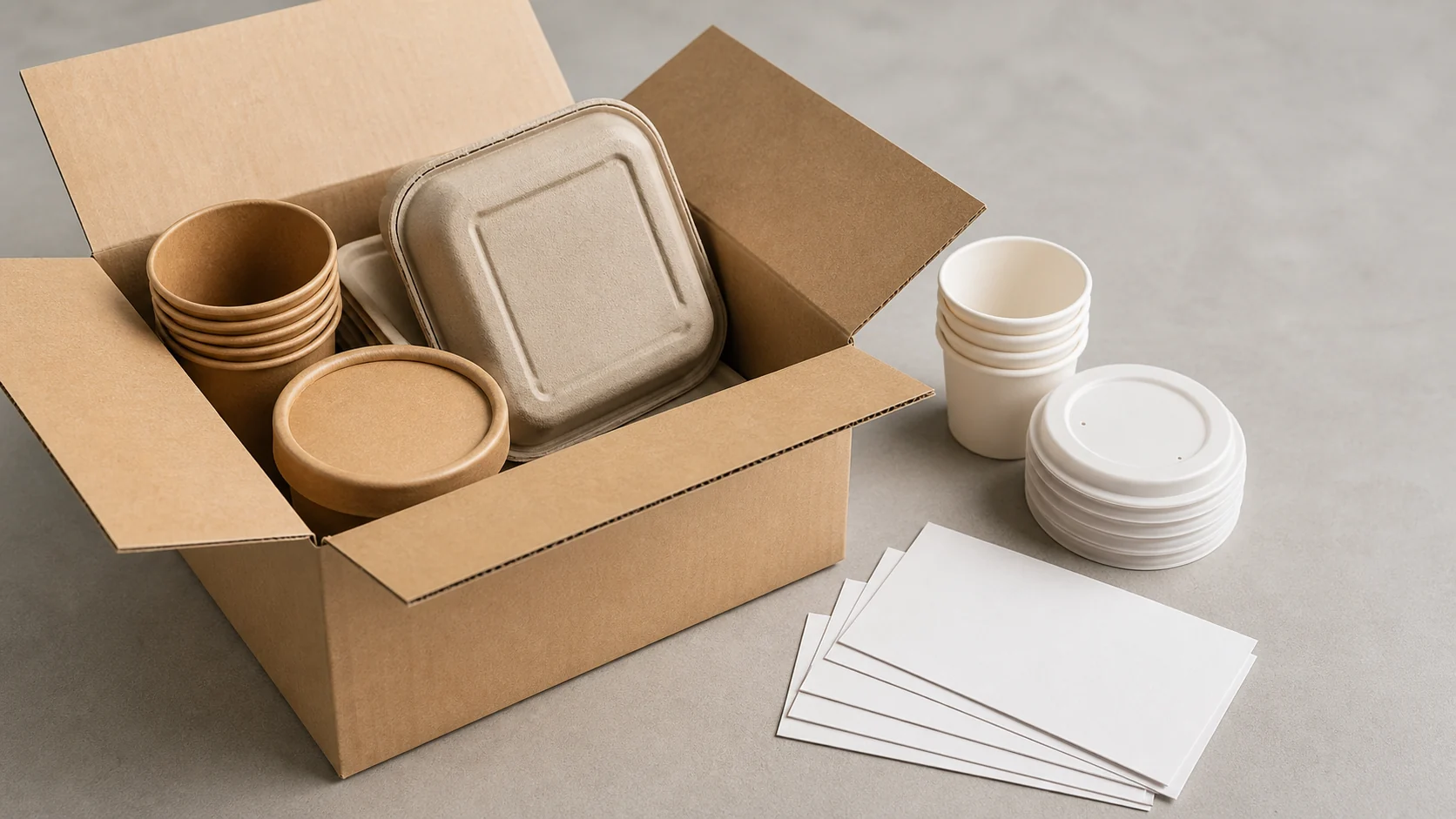 Open plain carton with unbranded food packaging and blank change-review cards