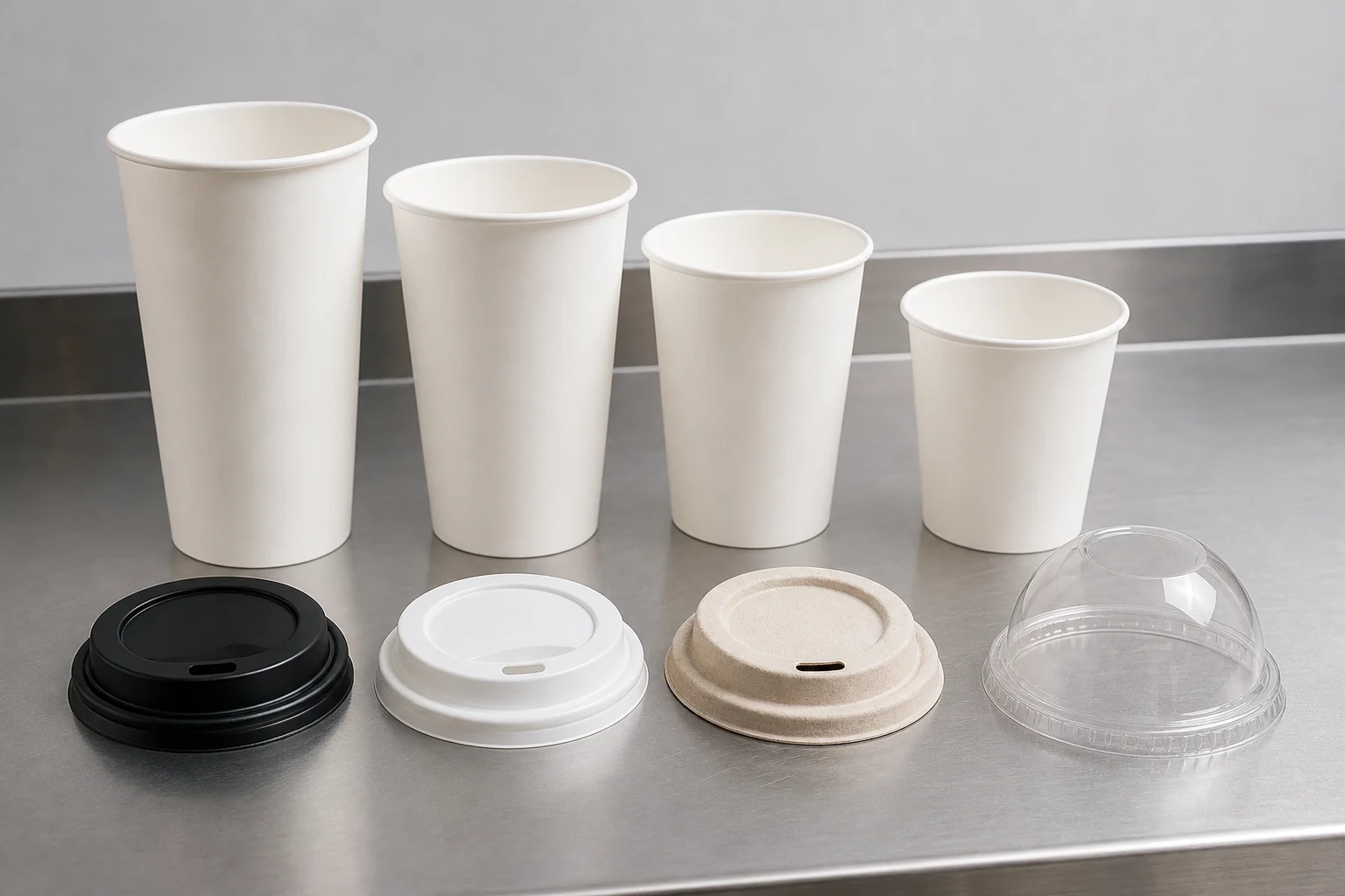 Matched plain cup and lid samples on a service counter