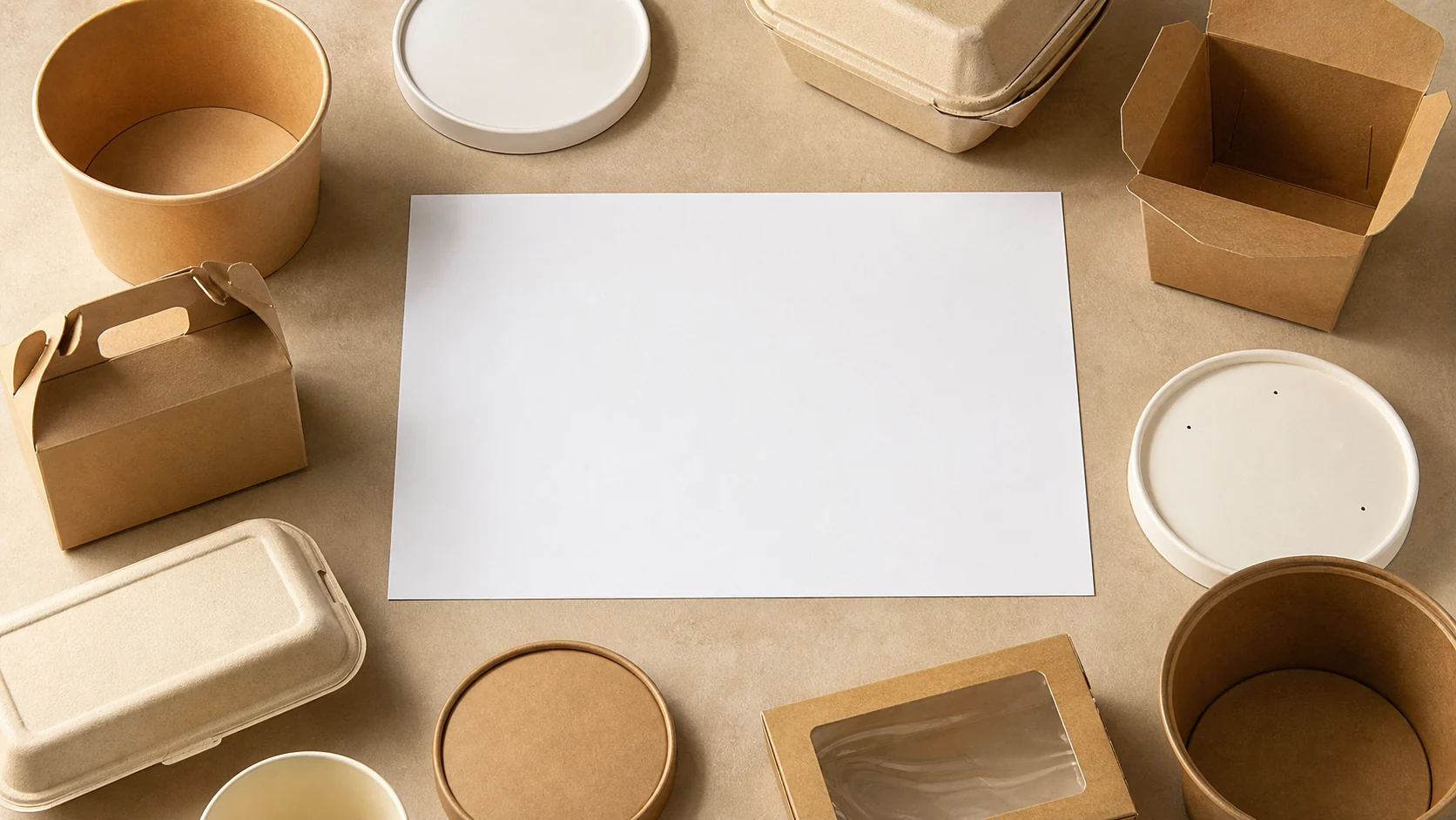Empty food packaging samples beside a blank buyer brief sheet