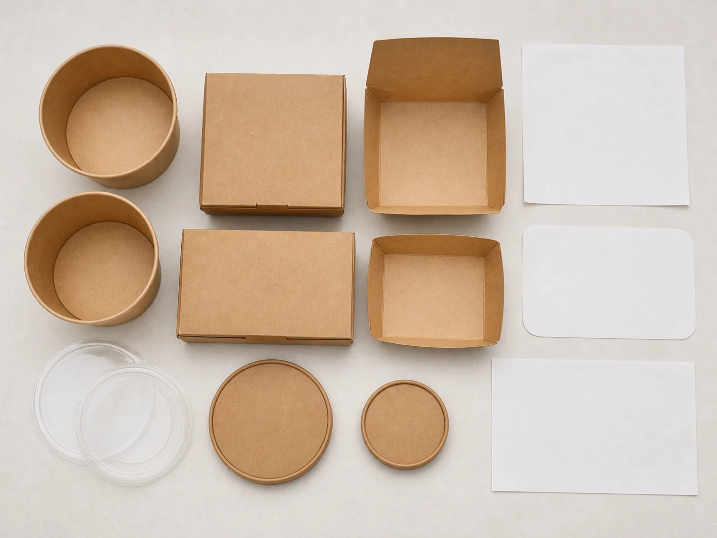 Empty packaging samples with plain lids and blank liner sheets