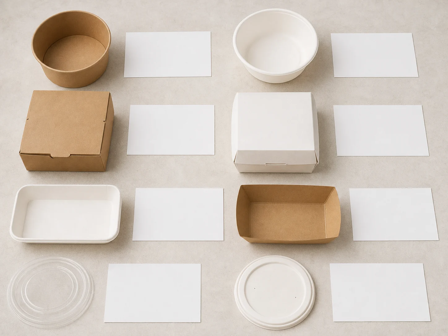 Empty generic food packaging samples arranged for comparison
