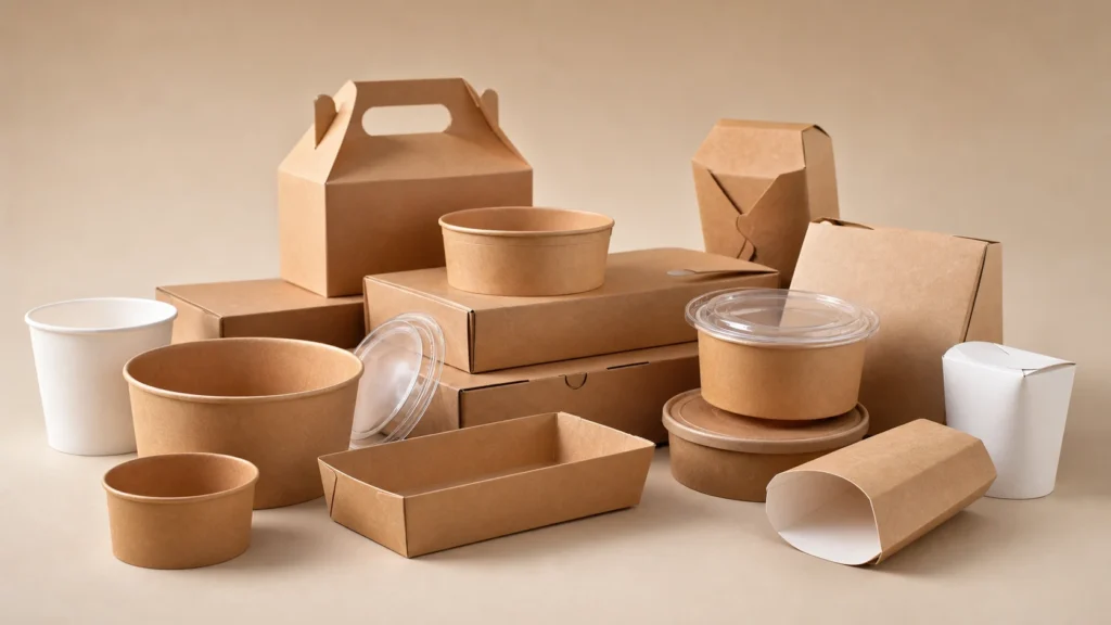 Empty unbranded hot food packaging samples arranged for system review