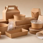Empty unbranded hot food packaging samples arranged for system review