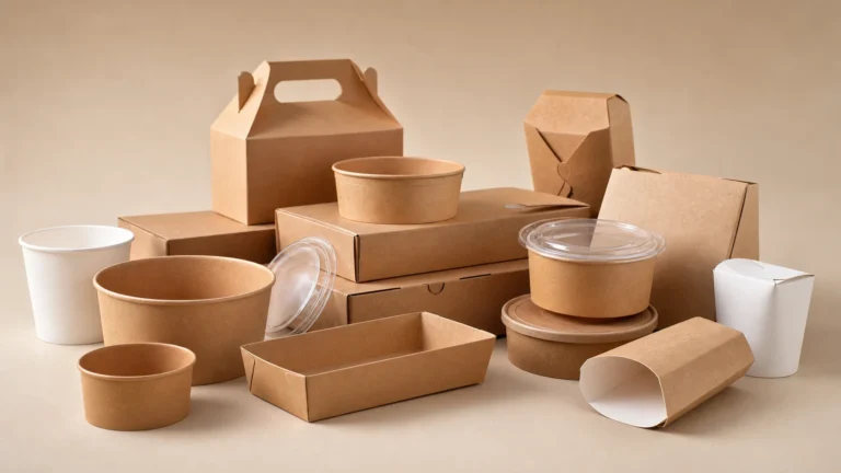 Empty unbranded hot food packaging samples arranged for system review