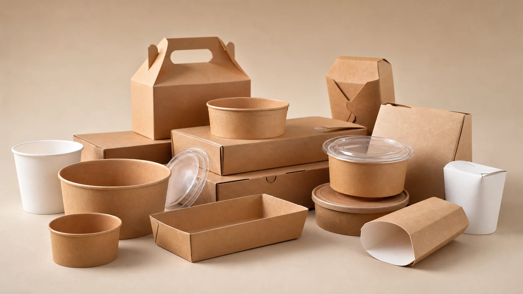 Empty unbranded hot food packaging samples arranged for system review