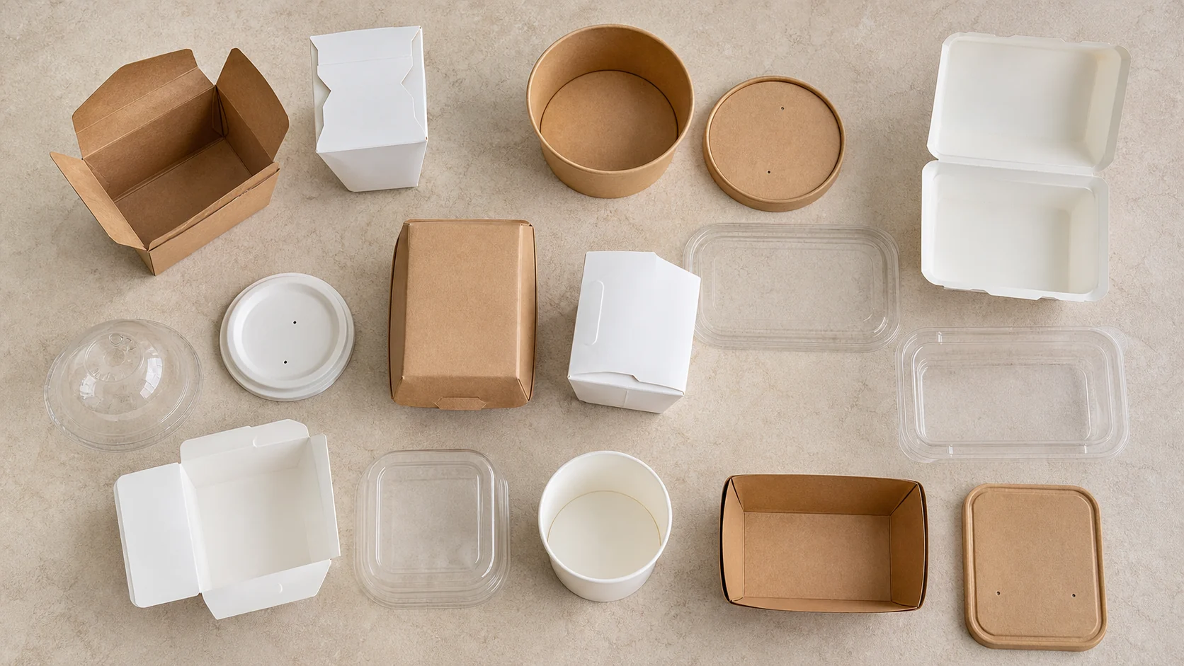Empty unbranded lidded food containers arranged for venting review