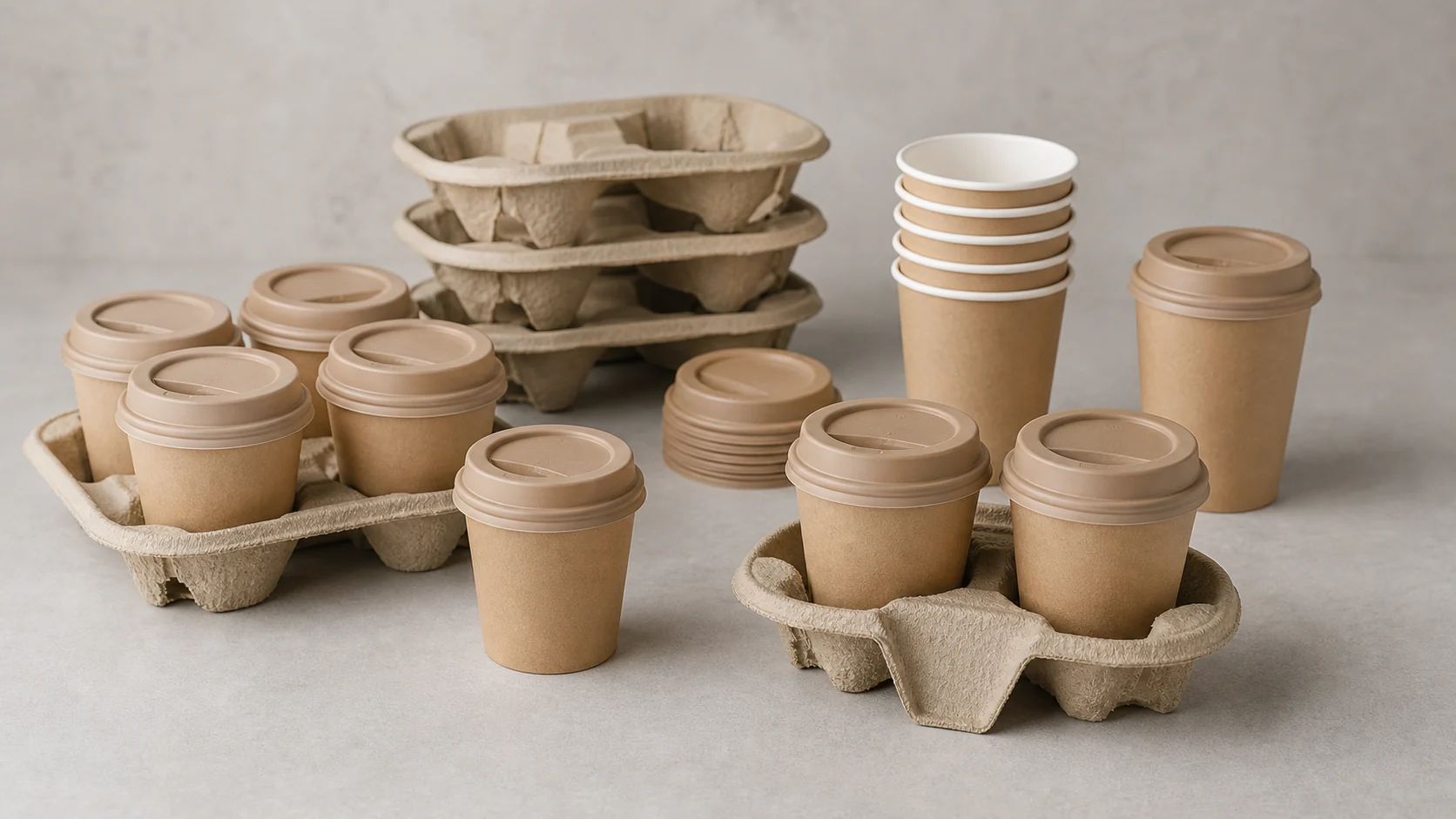 Empty unbranded paper cups lids and carriers for hotel breakfast service