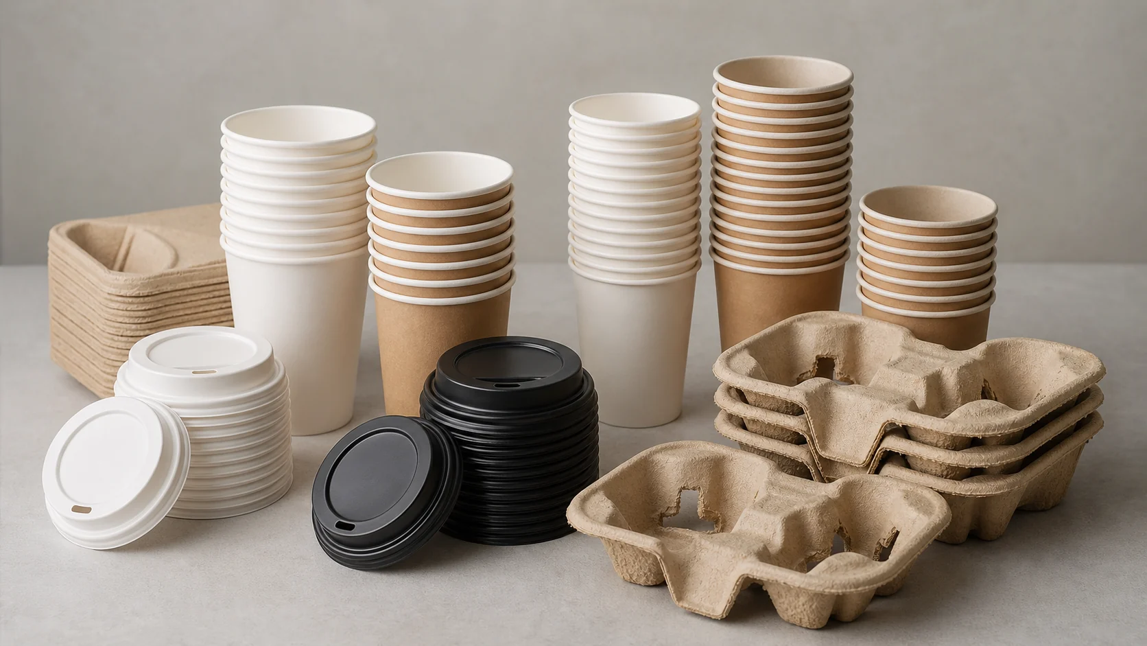 Empty unbranded stacked paper cups and plain carriers for event service planning