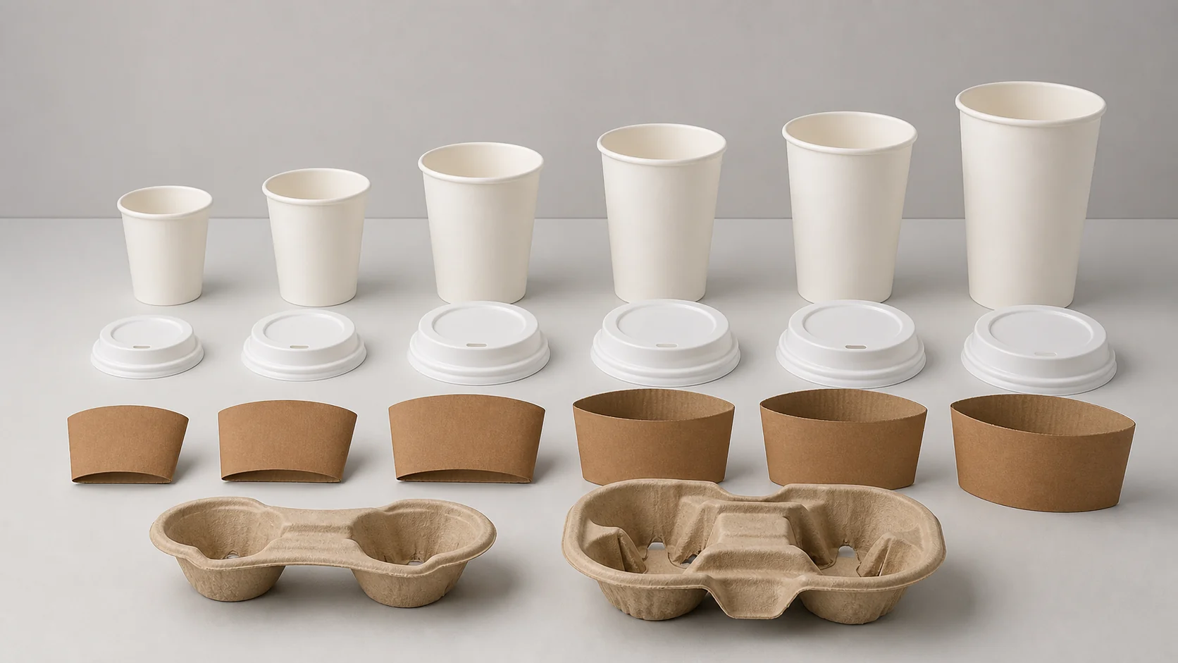 Empty unbranded paper cups with lids sleeves and carriers for component review