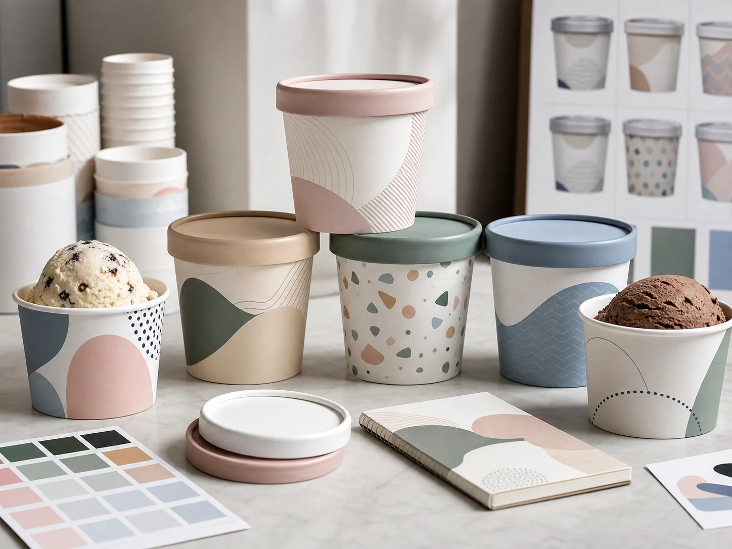 Unbranded ice cream cups prepared for dessert counter service and rollout testing