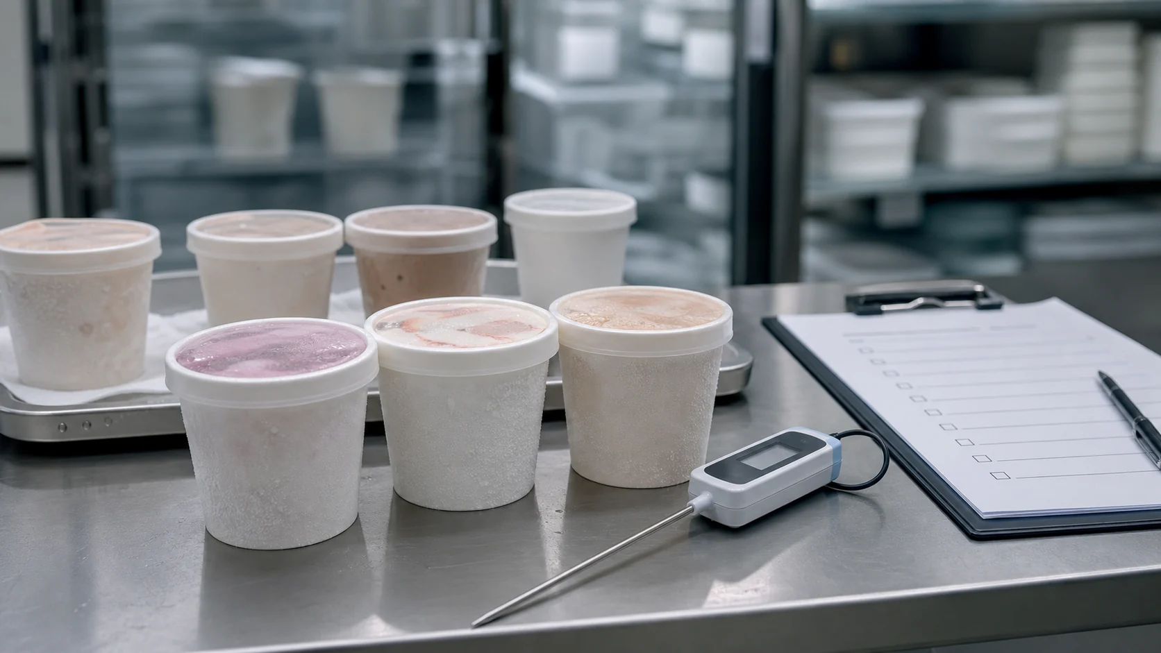 Foodservice buyer checking ice cream cups and lids in freezer display test