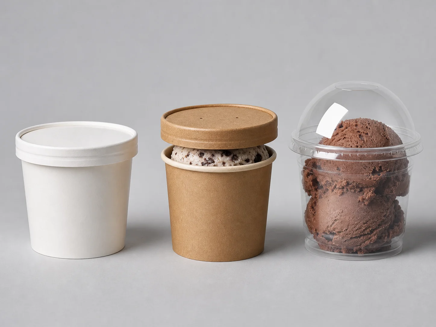Paper and clear ice cream cups with matching lid and closure options