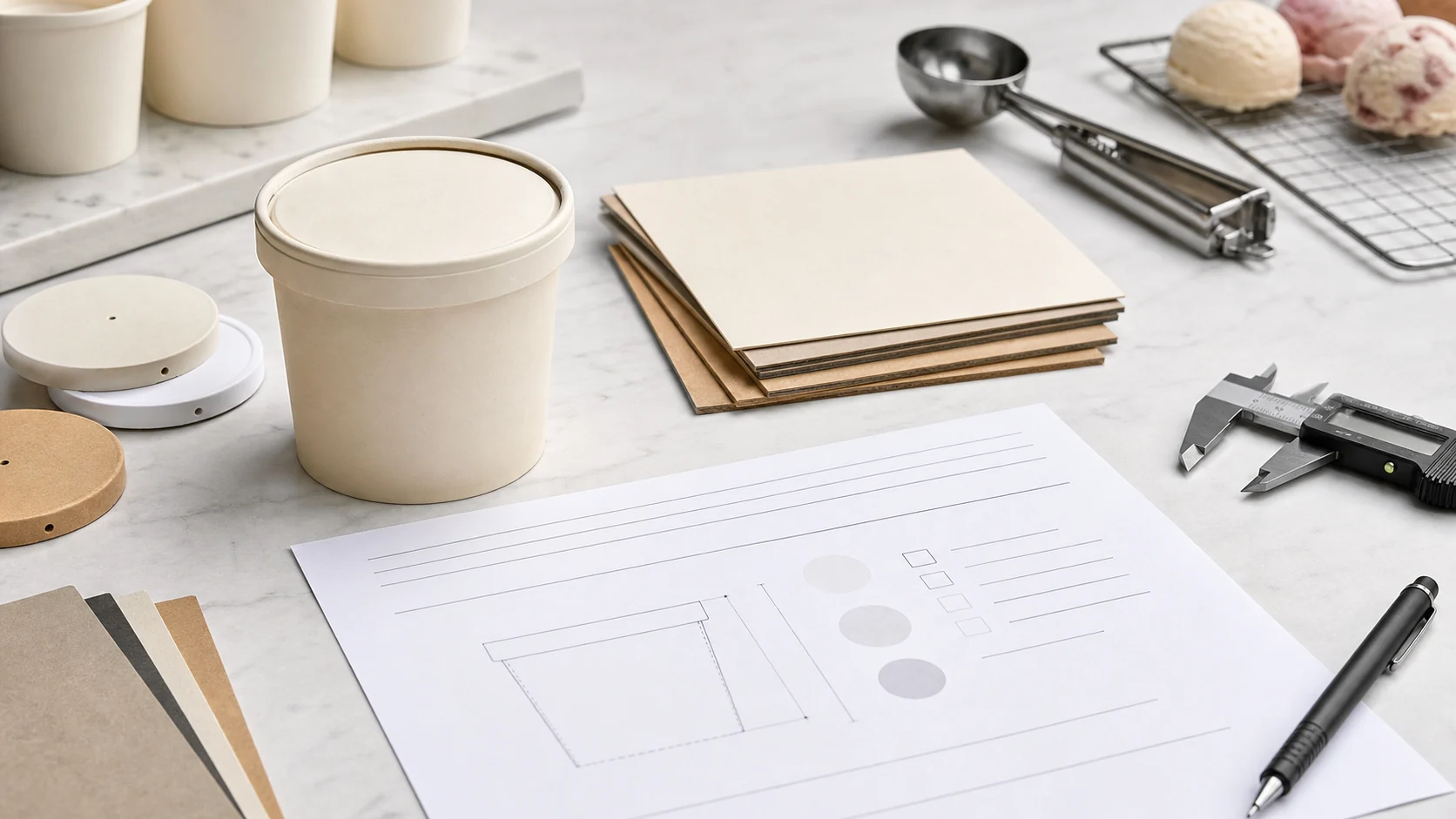 Ice cream cup samples lids and blank sourcing brief for foodservice buyers