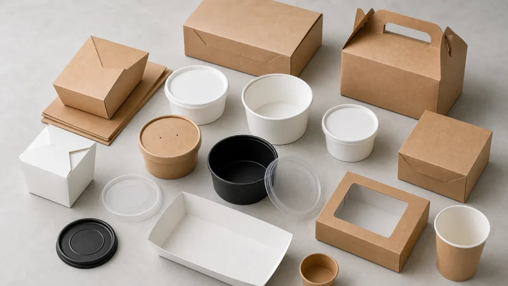 Empty unbranded food packaging components arranged for a buyer leak-risk review