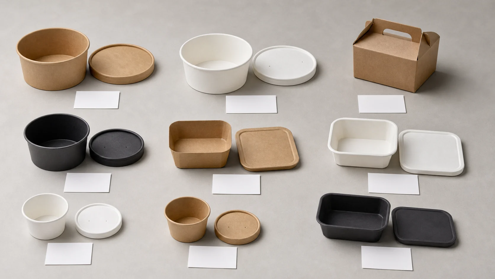 Empty unbranded food containers and lids beside blank cards for closure pairing review