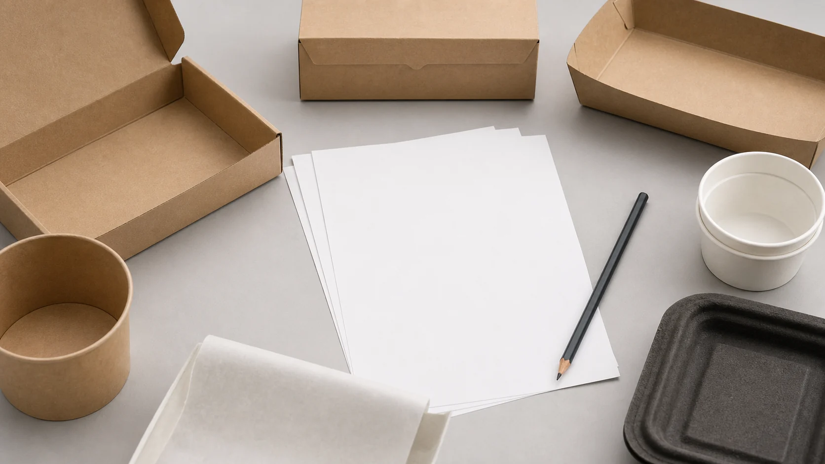 Empty unbranded food packaging components with blank inspection sheets for construction review