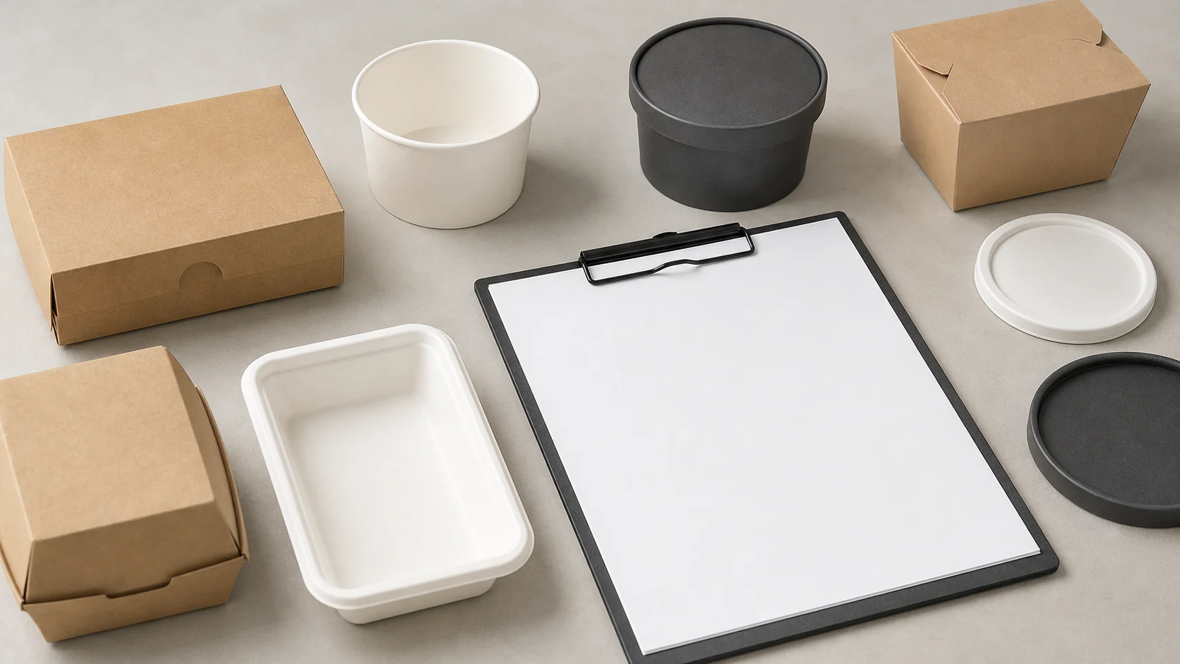 Empty unbranded food packaging components with blank clipboard for buyer handling review