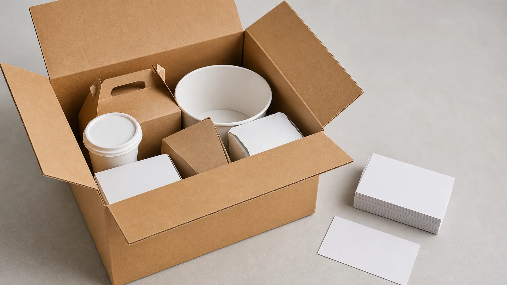 Open plain carton with empty unbranded food packaging for receiving and change-control review