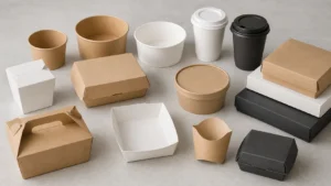 Empty unbranded food packaging components arranged for a multi-location specification brief