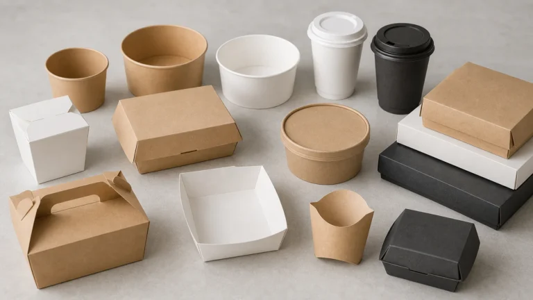 Empty unbranded food packaging components arranged for a multi-location specification brief