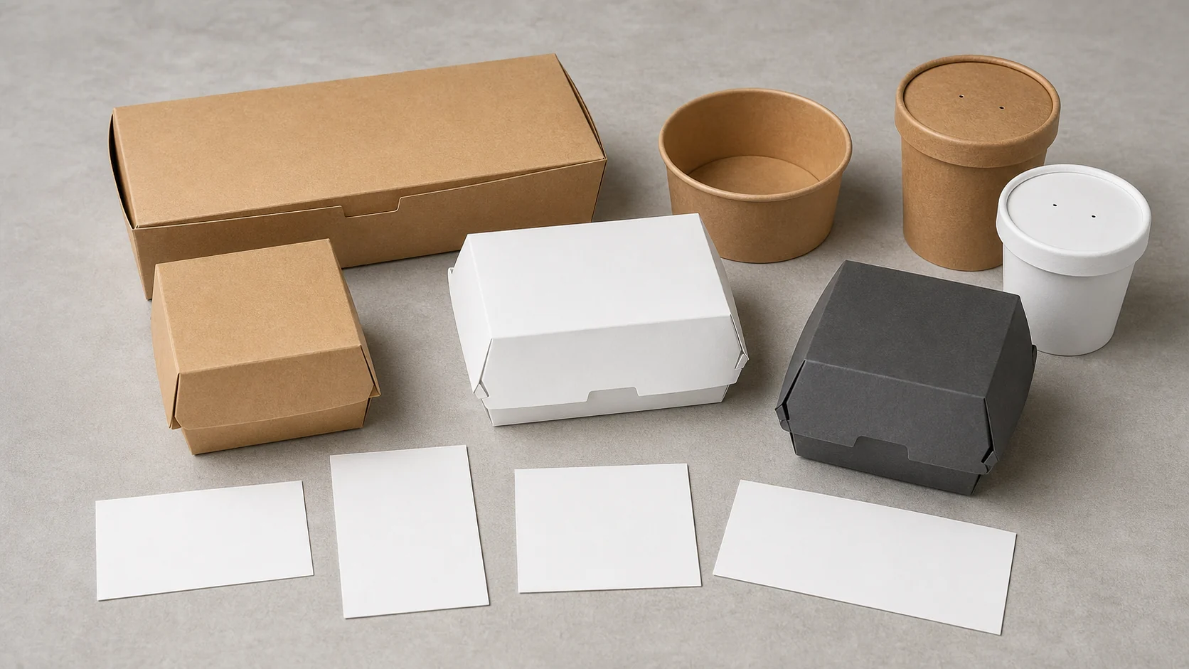 Empty unbranded food packaging components with blank cards for exact SKU specification review