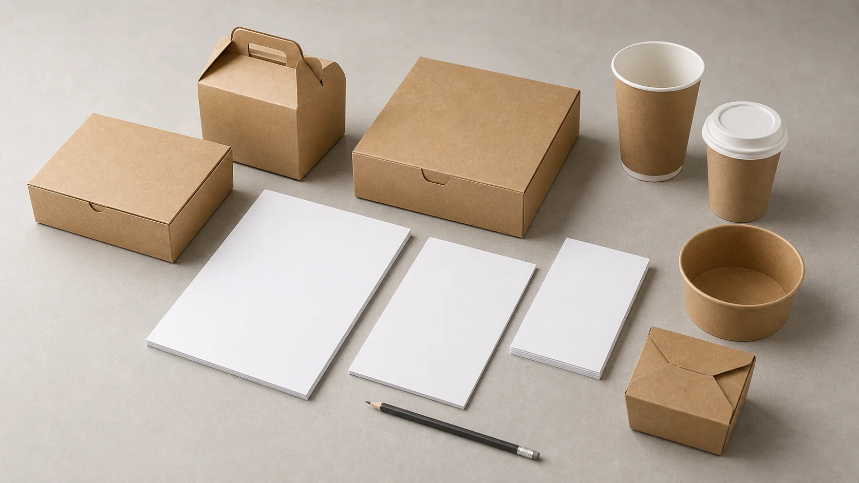 Empty unbranded food packaging with blank artwork sheets for controlled document review