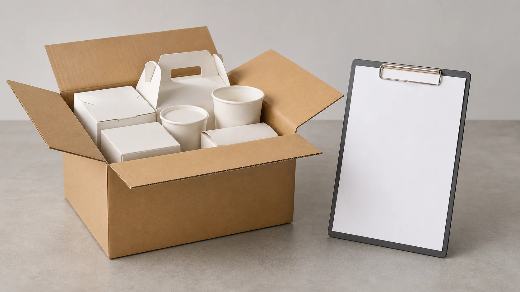 Open plain carton with empty unbranded food packaging for receiving inspection