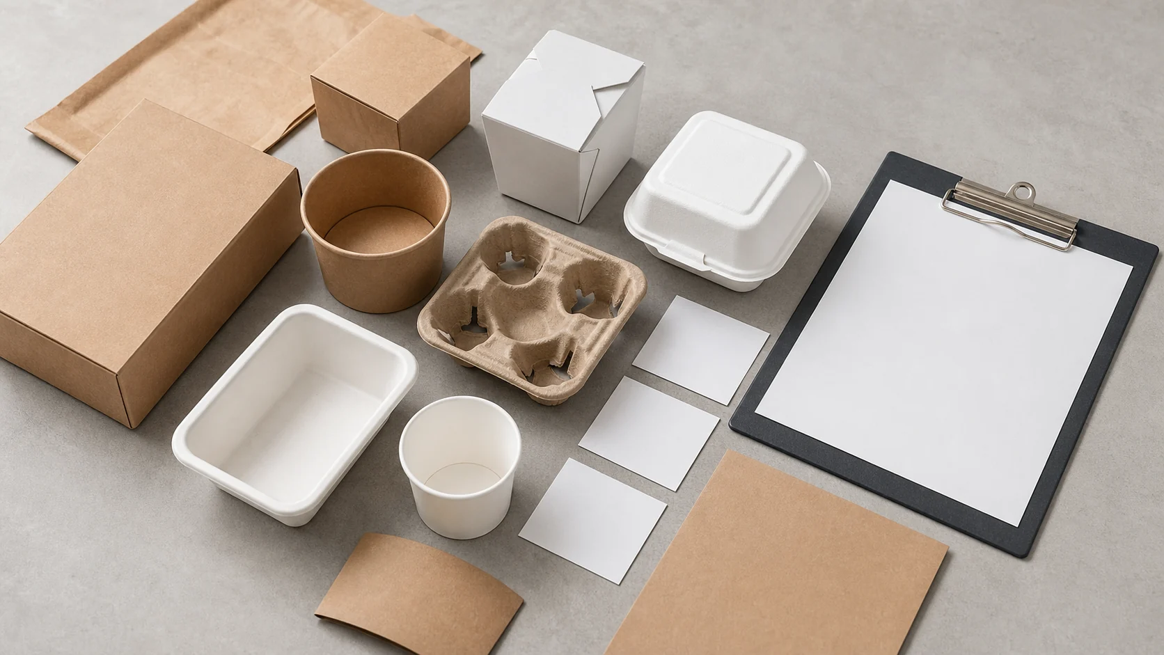 Empty unbranded food packaging set with blank change-control cards for reorder review