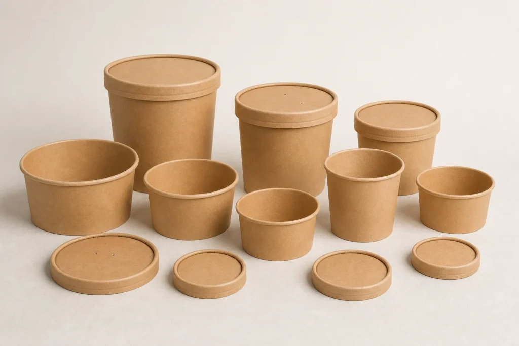 Empty unbranded food pails bowls cups and lids arranged for a takeaway system brief