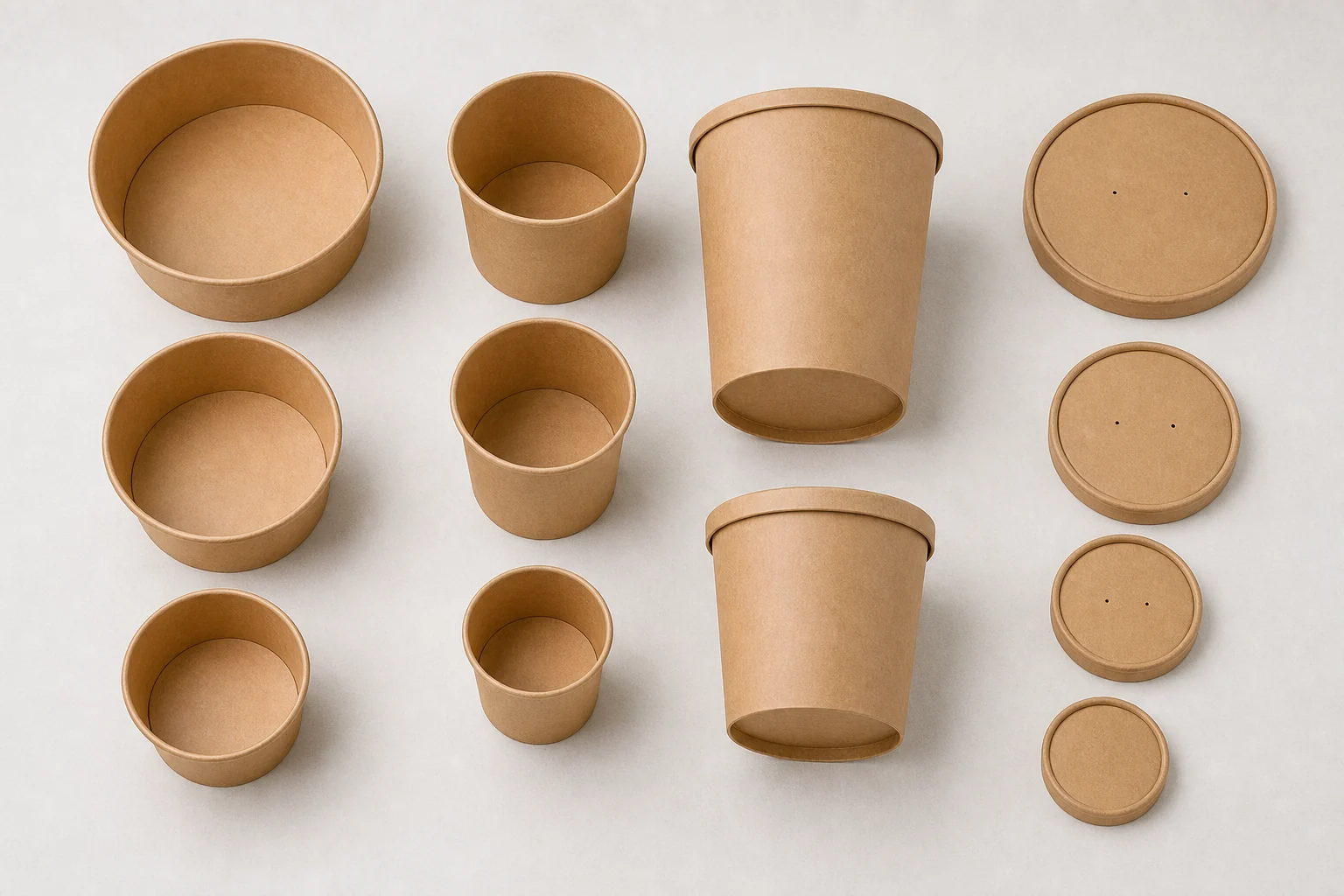 Empty unbranded bowls pails and plain lids arranged for takeaway workflow review